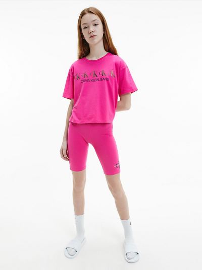 Calvin Klein Ruhák HU820663 | Calvin Klein Organic Cotton Metallic Logo Lány Póló Rózsaszín